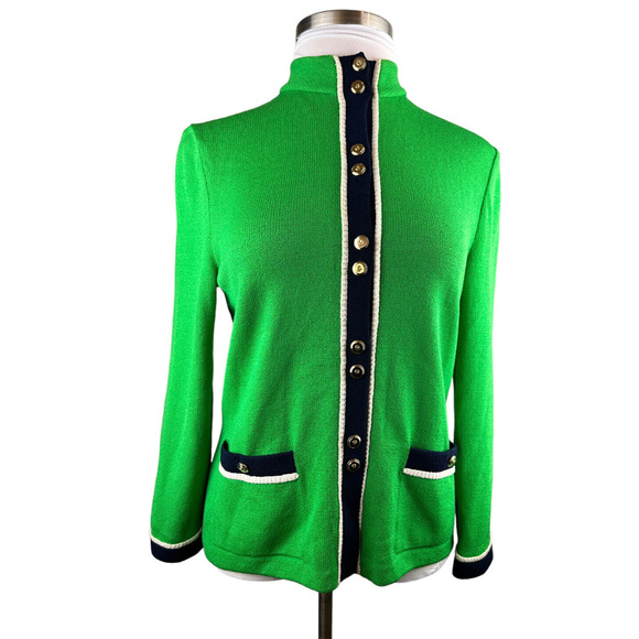 *Flawed St. John Collection Santana Knit Green Cardigan Sweater Gold Blk Size 10 - Picture 4 of 15